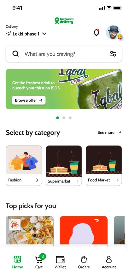 Insta-Delivery customer home with nearby vendors and wallet balance