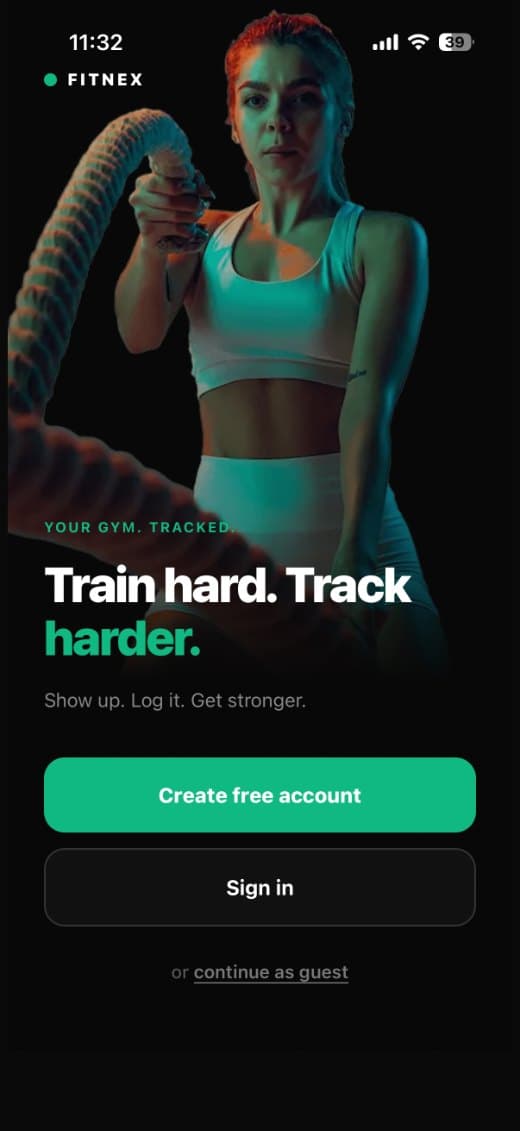 Fitnex landing screen: Train hard, track harder