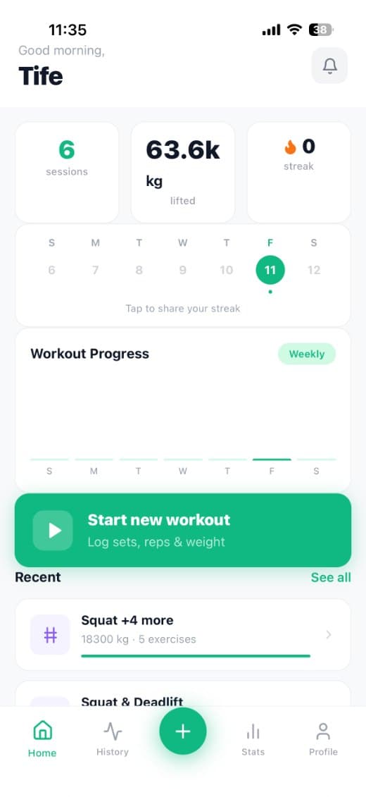 Fitnex home with sessions, volume and streak