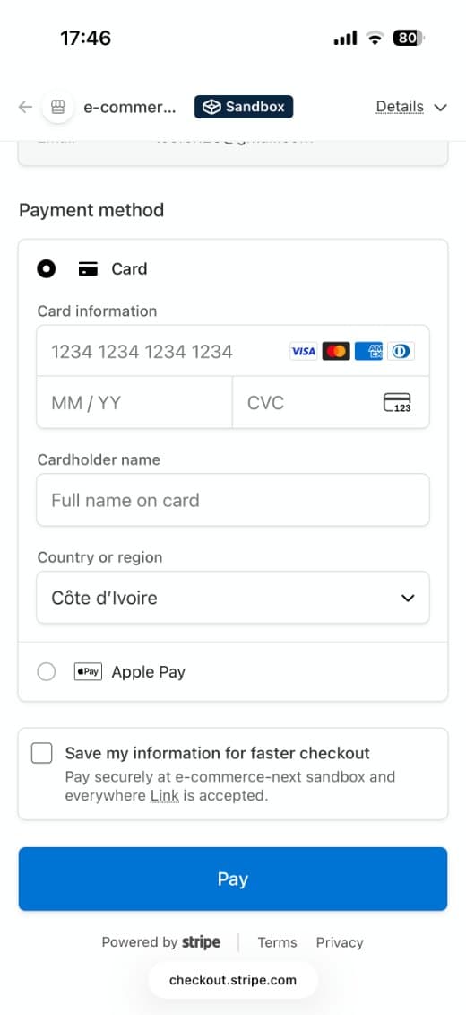 Cartify Stripe payment step