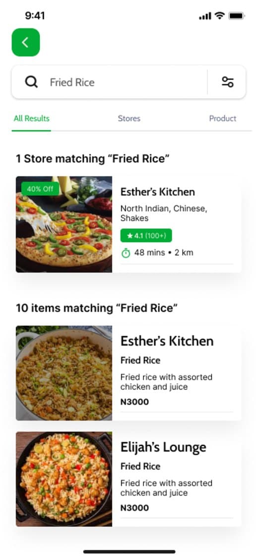 Search results across stores and items